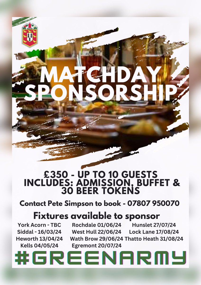 westbowlingrlfc's tweet image. ❤️💚Matchday Sponsorship💚❤️

The club are delighted to announce we will be registering interest for Matchday sponsorship for the coming season.

What do you get?
Admission for up to 10
Buffet
30 Beer Tokens
Your business promoted on our Social Media accounts

#GreenArmy