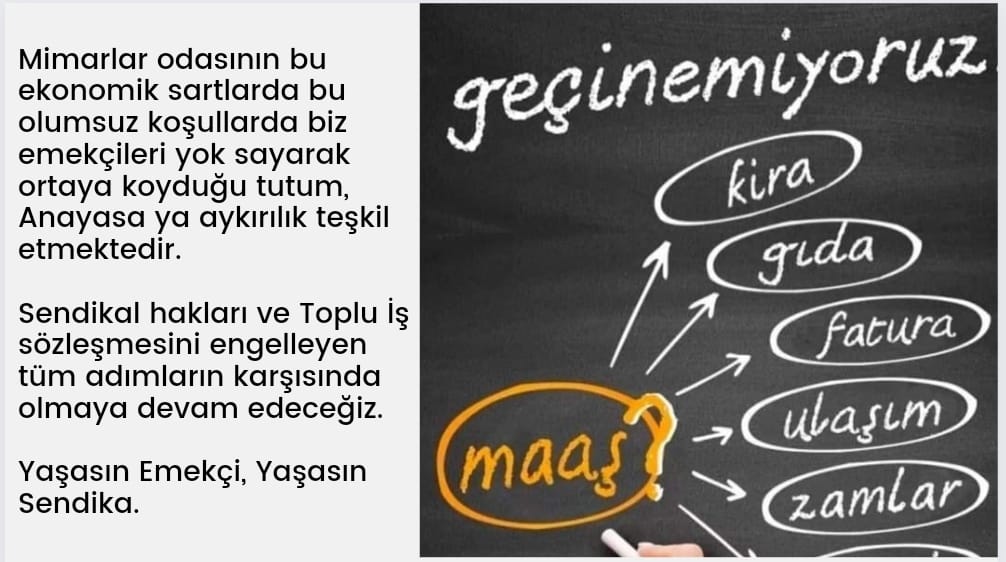 Mimarlar Odası çalışanları da insandır. Bu zorlu ekonomik koşullarda, açlık sınırının altında çalışmak insanlık onuruna aykırıdır. Mimarlar Odası yöneticilerini yanı başındaki bu gerçekle yüzleşmeye davet ediyoruz.
#sendikamadokunma
#mimarlarodası