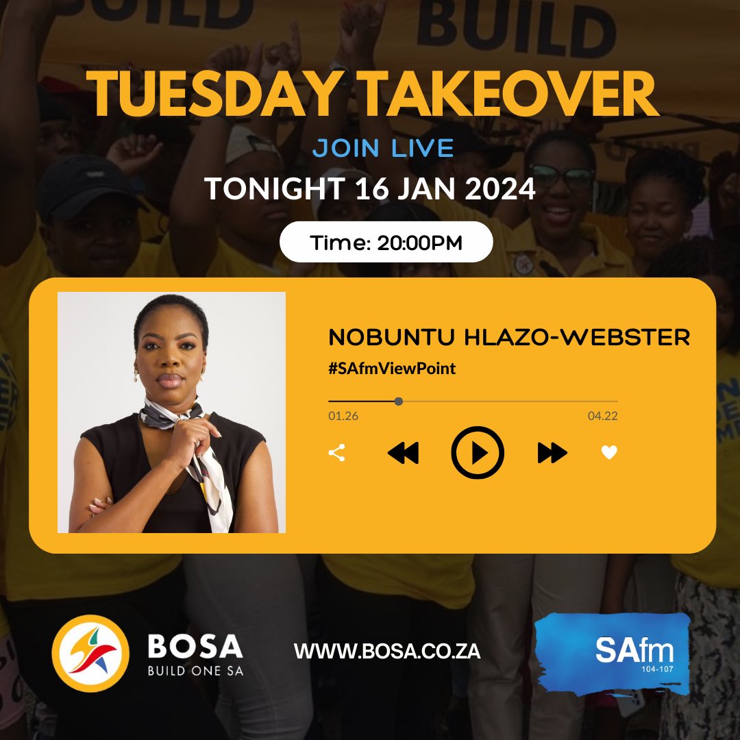 Tune into @SAfmRadio tonight at 8pm! Our Deputy Leader @NobuntuSA will be sharing our vision for a better future! Don’t miss out! #SAfmViewPoint #TuesdayTakeOver #bosa #BuildOneSA #registertovoteBOSA