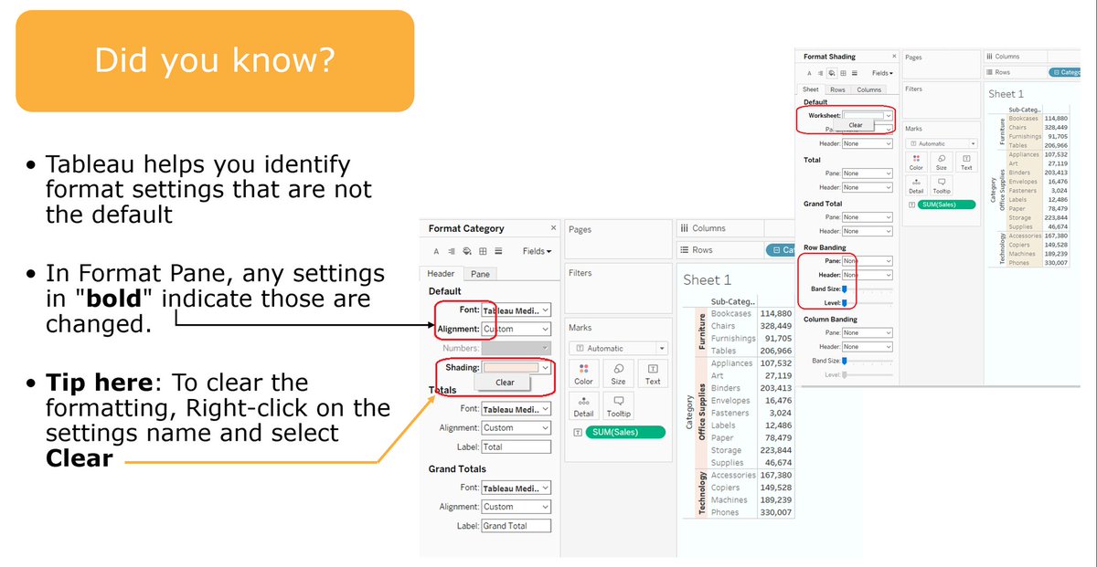dataTasteMaker's tweet photo. #DidYouKnow? Tableau helps you identify format settings that are not default. In #FormatPane, any settings in *bold* indicate those are changed. #TableauTip: To clear these formattings, Right-click on the settings name and select #Clear #TableauNewbieTips #TableauTips #datafam https://t.co/gur3P7mJYT