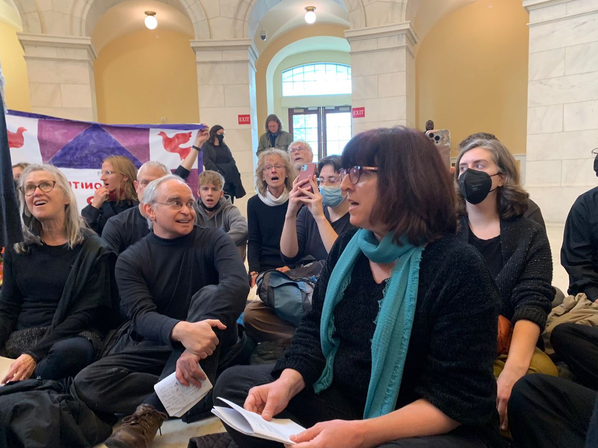 MennoniteAction's tweet photo. BREAKING: More than 100 Mennonites are peacefully occupying the Cannon building’s rotunda. They are singing, praying, and demanding a permanent ceasefire in Gaza. #Mennonites4Ceasefire https://t.co/XAzsRuORPF