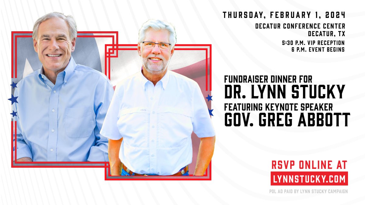 Friends, I hope you'll join me on Feb 1st for a fundraiser honoring @RepLynnStucky. I will be emceeing the event, & Governor @GregAbbott_TX will be delivering the keynote speech. Rep. Stucky is a proven Conservative who fights for our values in the TX House, & I hope you’ll join…