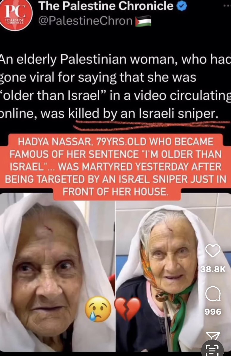 jakeshieldsajj's tweet photo. Israel deliberately targets an 80 year old women for making them look bad https://t.co/WIYkjb9A6d