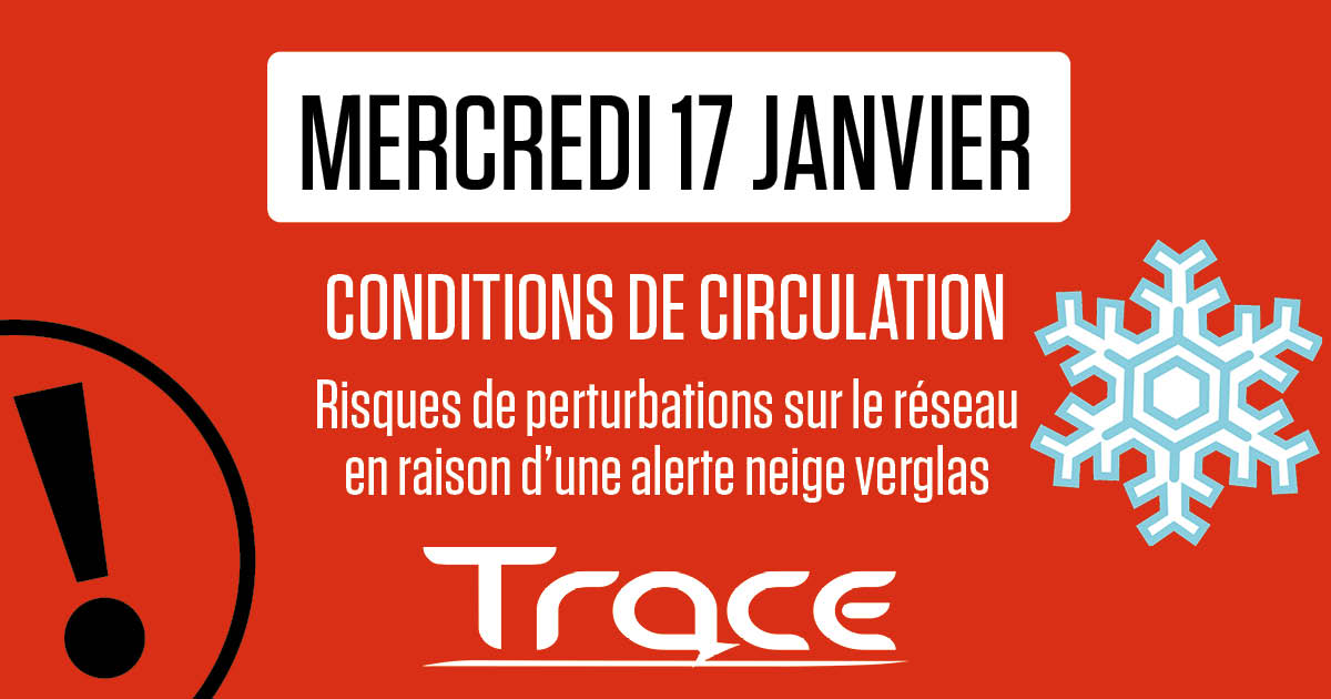 En raison des conditions météo, les lignes scolaires (100 à 190) et les lignes interurbaines Fluo (20 à 26) ne circuleront pas ce mercredi 17 janvier jusqu'à 14h.
Le réseau Trace ainsi que les services FlexiTrace et Trace Mobile fonctionneront mais risquent d'être perturbés.