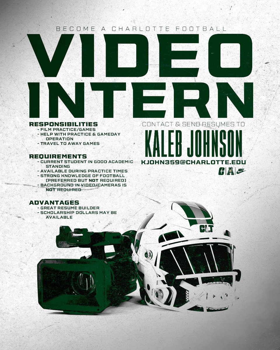 🚨Help Wanted🚨 Charlotte Football is looking for Video Student Interns!⛏️ Send all resumes & class schedules to Kaleb Johnson kjohn359@charlotte.edu