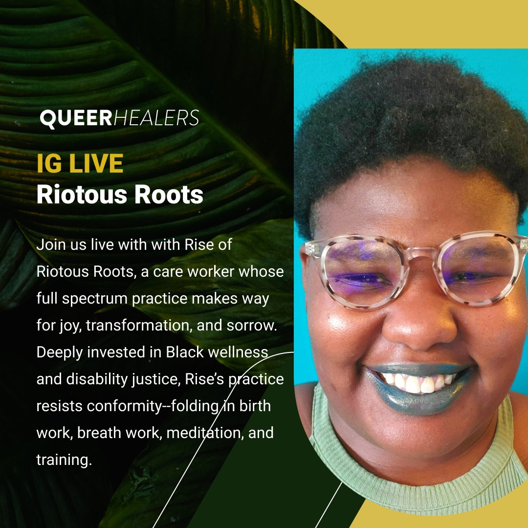 Join our Insta Live: 
Wed, 1.17  5pm ET

Rise's practice resists conformity--folding in #birthwork, #breathwork, #meditation, and peer training. How can care work be at the front lines of the #resistance and the #revolution? 

+ Check their listing at queerhealers.com/riotousroots