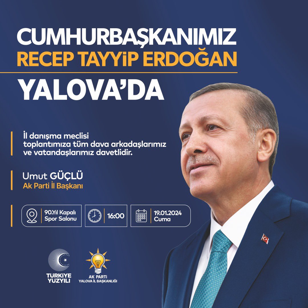 umutguclu's tweet photo. Milletin partisi AK Partimizin, kutlu davamızın lideri Genel Başkanımız, Cumhurbaşkanımız Sayın Recep Tayyip Erdoğan;
Cuma günü (19 Ocak) saat 16.00'da 90. Yıl Kapalı Spor Salonuna  il danışma meclisi kapsamında teşrif edecektir.+++++++++++++++++++++++++ https://t.co/jNwDEwlgQp