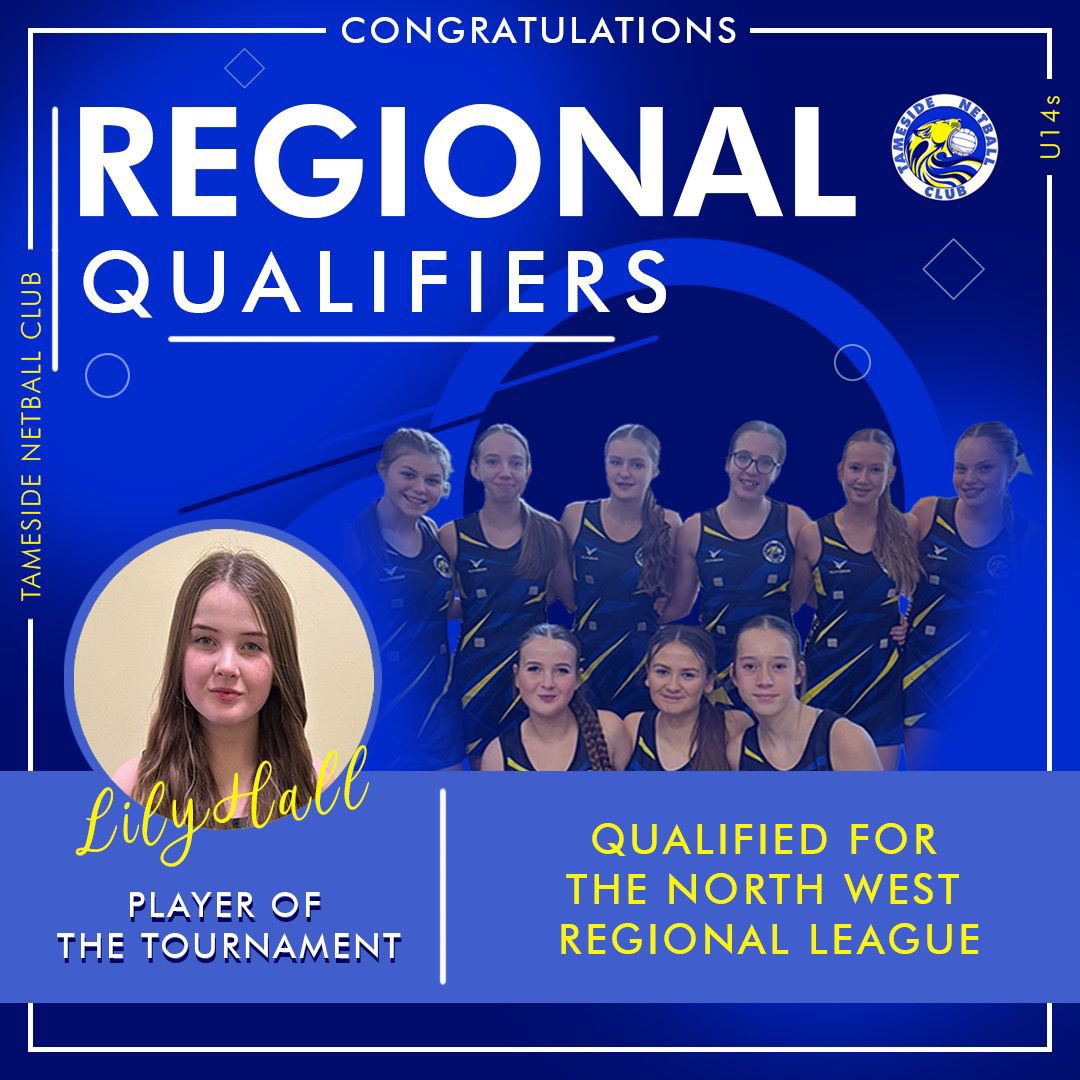 TamesideNC's tweet image. Congratulations to our U14’s who
Qualified for regional league today. Outstanding play from Lily hall today who got player of the tournament! Well done girls and @JaT20651298 💙💛