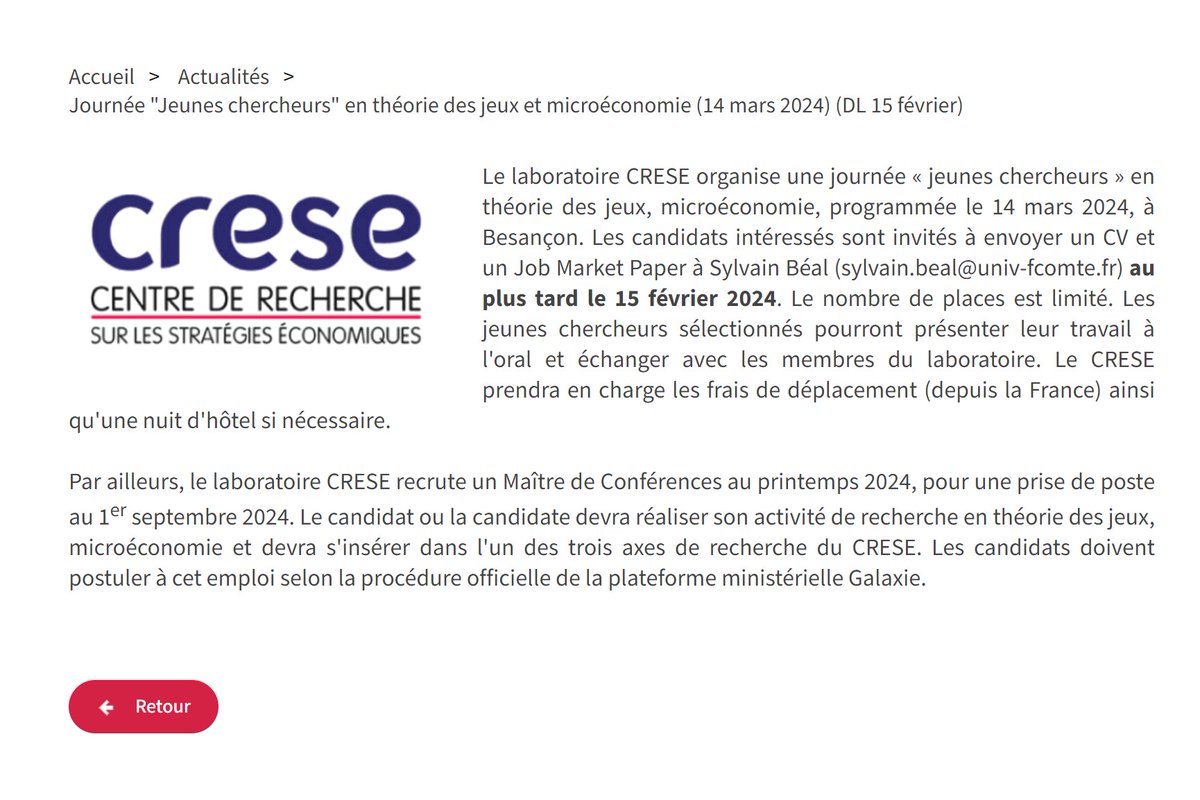 AssoFrEcoDroit's tweet photo. Le laboratoire @CRESE_Besancon organise prochainement une journée en vue du recrutement d'un Maître de Conférences en septembre 2024 (profil : théorie des jeux, microéconomie).

Plus d'informations sur https://t.co/NrqV7EMKVX https://t.co/ozB15vuJIK