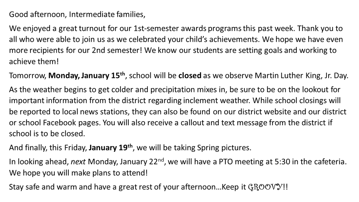 MillingtonInte2's tweet photo. ❄️❄️Callout for 1/15-19❄️❄️
Monday, 1/15 = No School (MLK, Jr. Day)
Watch the news or social media for any school closings due to inclement weather! Brrrr....
#MIS #MotivateInspireSucceed #MLK2024 #ColdWeather #StayWarm https://t.co/LyS5Cf2bHl