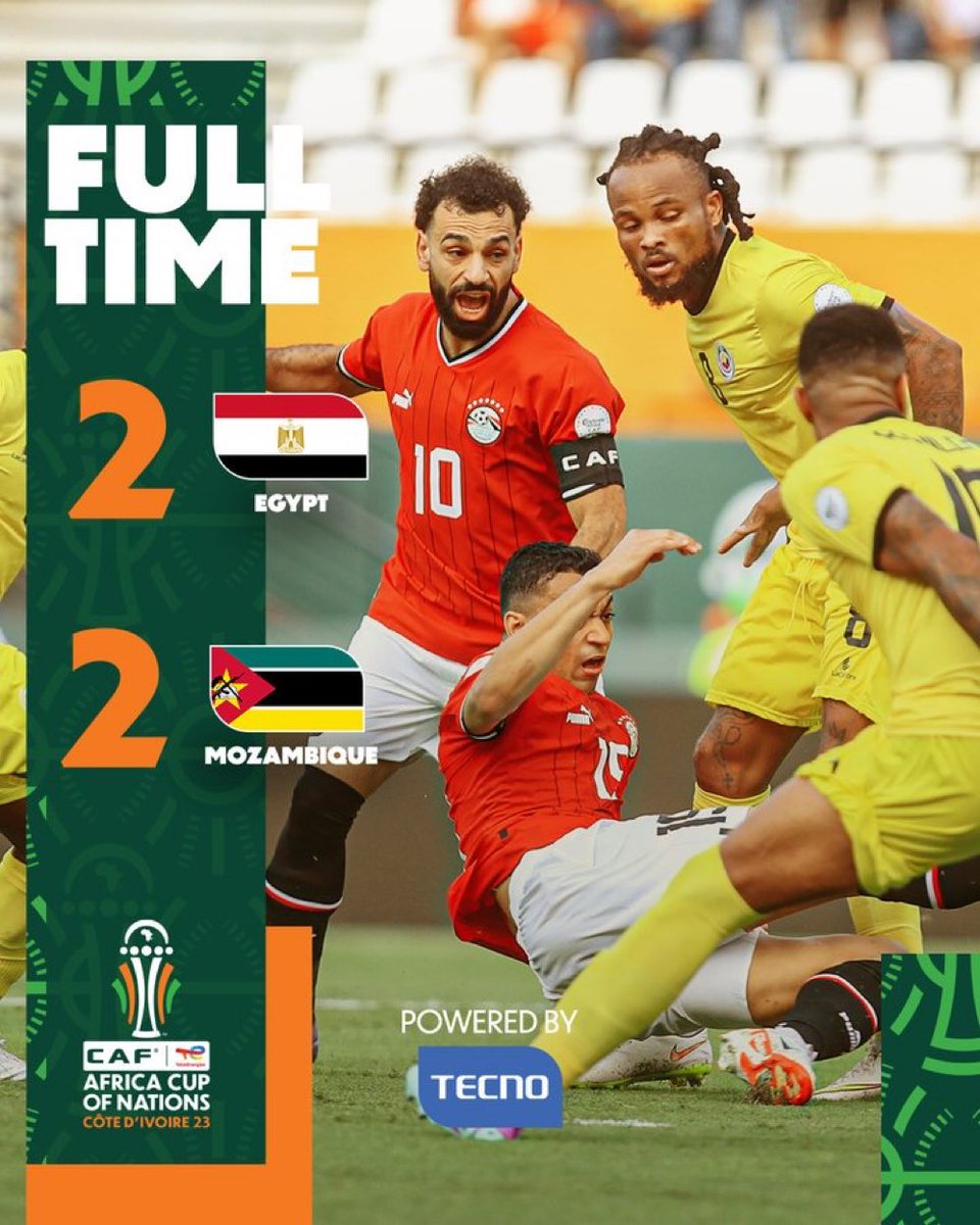 spacefootafr's tweet photo. Égypte 🇪🇬 2-2 Mozambique 🇲🇿 

Le Mozambique surprend l’Égypte revenue au score dans les arrêts de jeu sur un pénalty de Mo Salah. 

#TotalEnergiesAFCON2023| #EGYMOZ 🌍 https://t.co/xbd304gruB