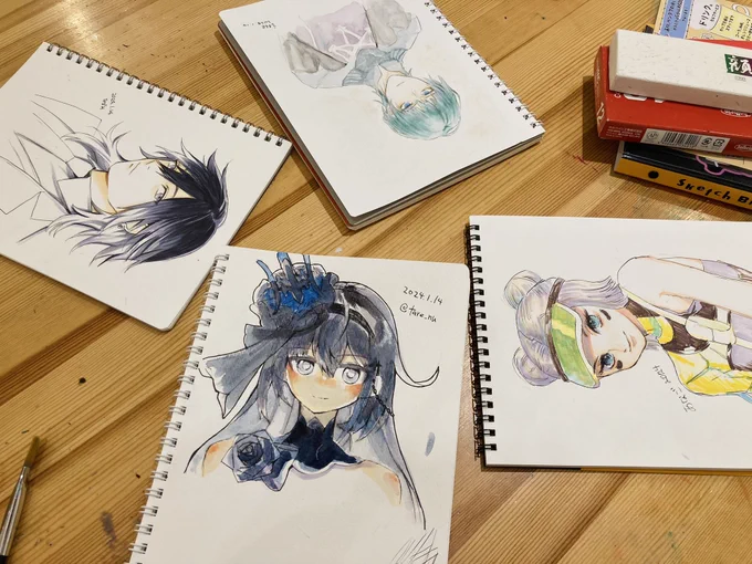 零ワーとアフターしてきた!フットワーク軽くて好き画材使い放題のカフェでアナログ描くの楽しかった〜主線滲みまくったり水彩の塗り方なんもわかってなかったのでリベンジしたい…