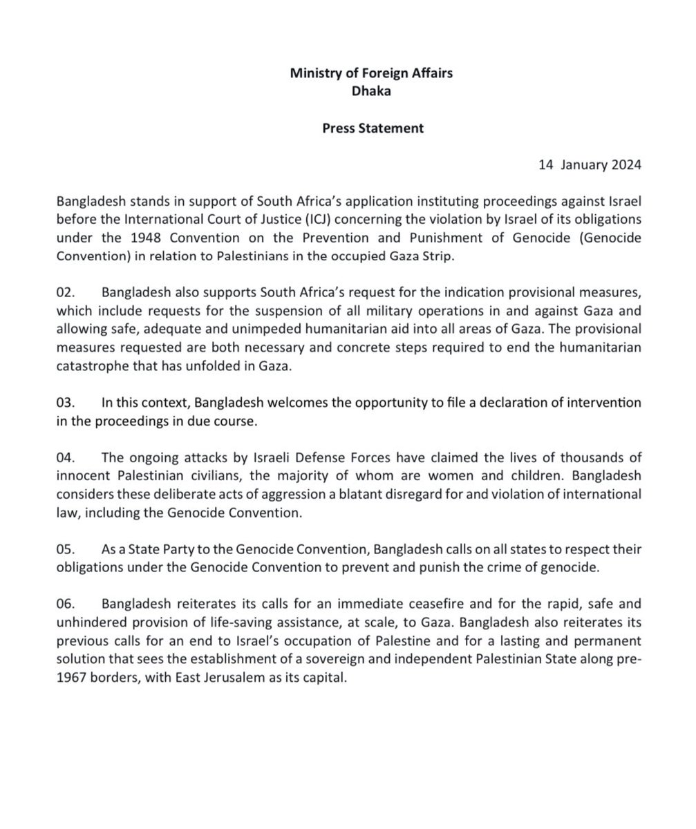 descifraguerra's tweet photo. 🇧🇩🇿🇦🇮🇱🇵🇸 Bangladesh anuncia que intervendrá en la audiencia sobre genocidio contra Israel en favor de la posición de Sudáfrica sobre la necesidad de medidas provisionales para “los palestinos en la Franja de Gaza ocupada”. https://t.co/iE8Qc4uKjU