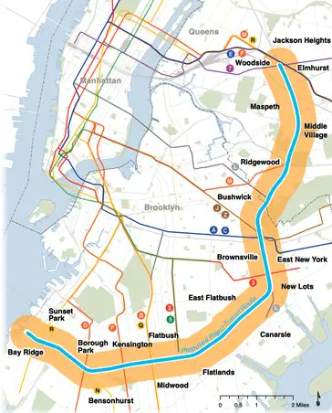 a map of the highlighted interborough express line and its subway connections, between brooklyn and queens