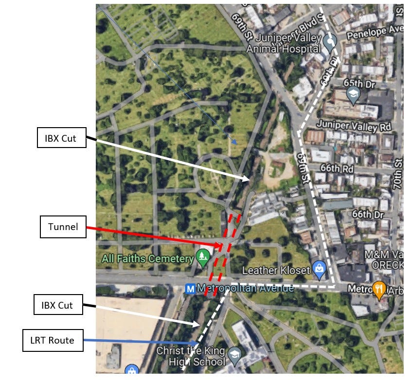 a zoom-in of the street running portion of the ibx line caused by the cemetary