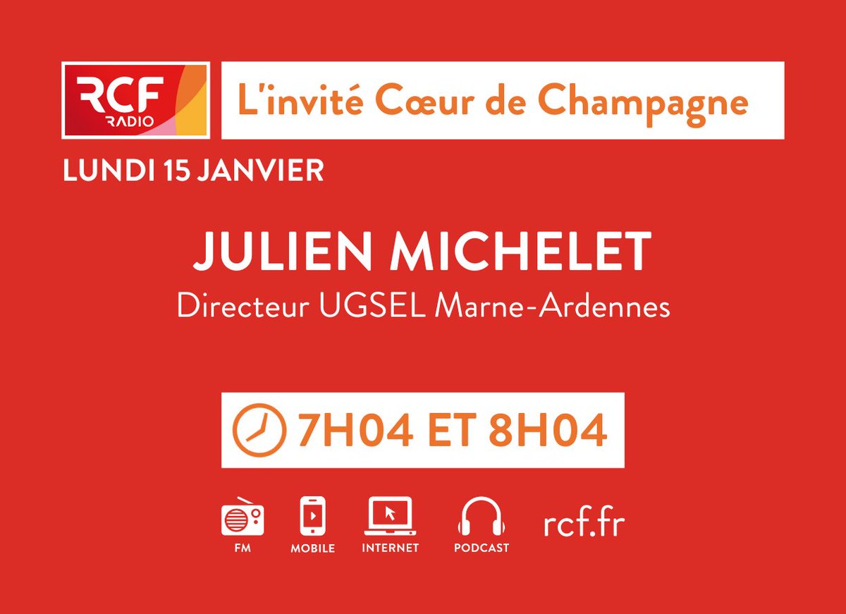 🎙️ <a href="/JulienMichelet7/">Julien Michelet</a>, directeur de l'<a href="/UgselMarne/">#ugsel5108</a>-Ardennes, sera l'invité de @Ch_Fausten demain dans #LaMatinaleRCF.

📆 15 janvier
⏰ 7h04 et 8h04
🎧 rcf.fr/actualite/linv…