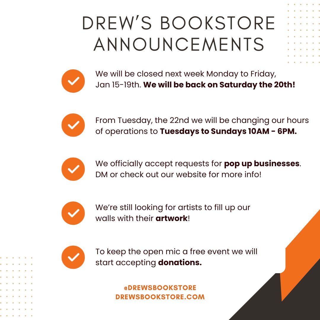 We're almost 2 months old! In order to grow, we want to make some changes that we believe will benefit the whole Drew's Bookstore community #indiebookstore #SmallBusiness #artistsontwitter #openmic #DMV