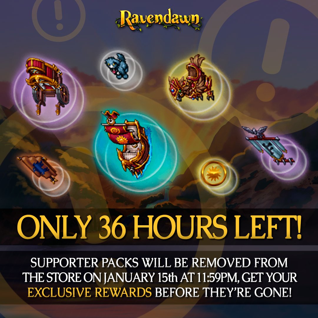 ravendawnonline's tweet photo. Last Chance to get a Supporter Pack or Dark Ritualist Cosmetic Pack!⏰ 

The Supporter Pack or Dark Ritualist Cosmetic Pack will be removed in 36 hours from our store! Don't miss this opportunity to Reserve a Name and get exclusive rewards! 🔥

✨https://t.co/vk0dnReI9U

Thank you so much to our supporters over the last few years throughout our development. 💖  We are so excited to welcome all you Adventurers to the world of Ravendawn in just 2 short days! 🎉 

#Ravendwan #MMORPG #IndieGame