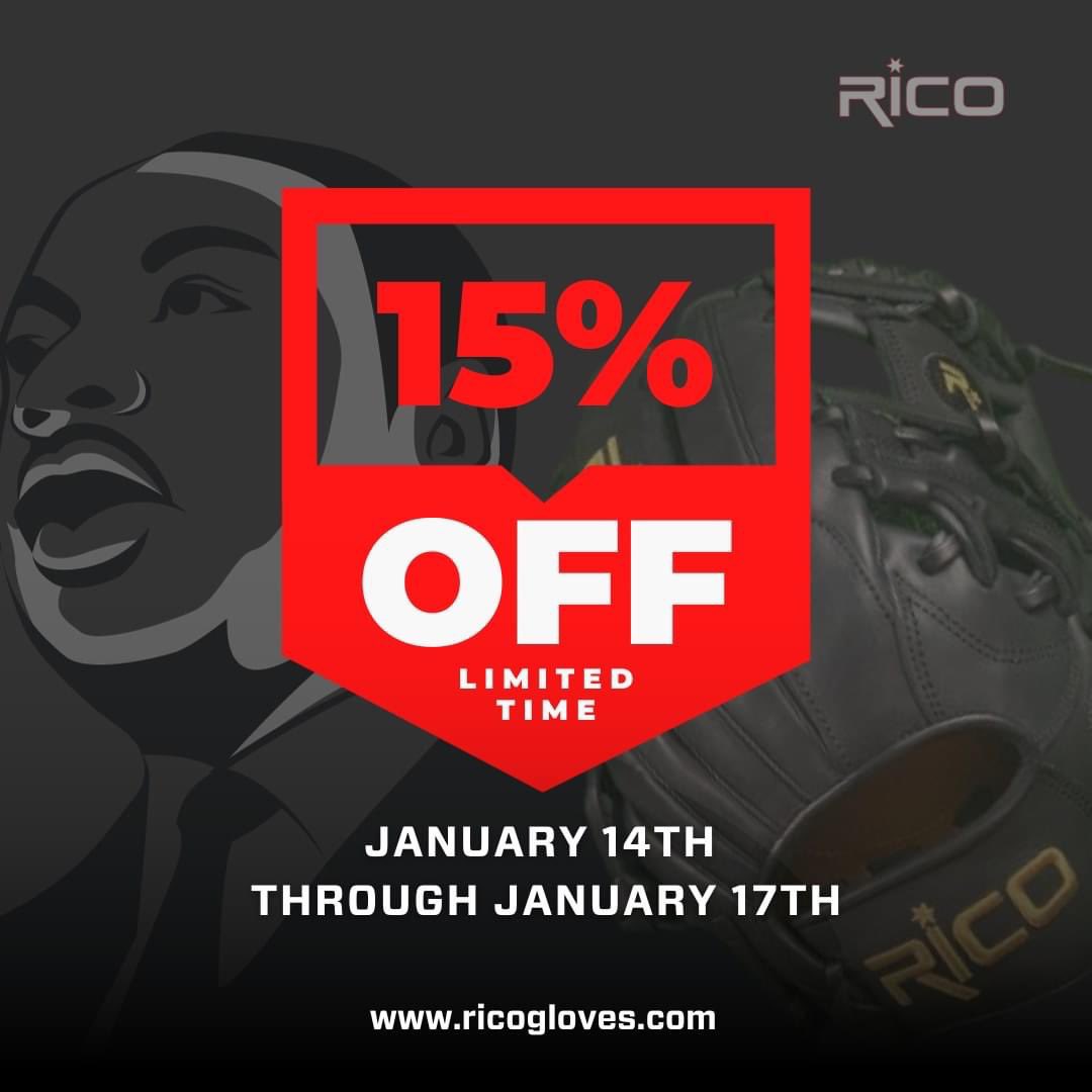 🌟✨Celebrate Martin Luther King Day with a SALE! ✨🌟 Enjoy a 15% discount on any custom glove or Flash Glove in-store. 🧤✨ The discount is automatically applied at checkout – no codes needed! ricogloves.com

📆 SALE DATES: 1/14 to 1/17
🕛 SALE ENDS: Midnight on 1/17