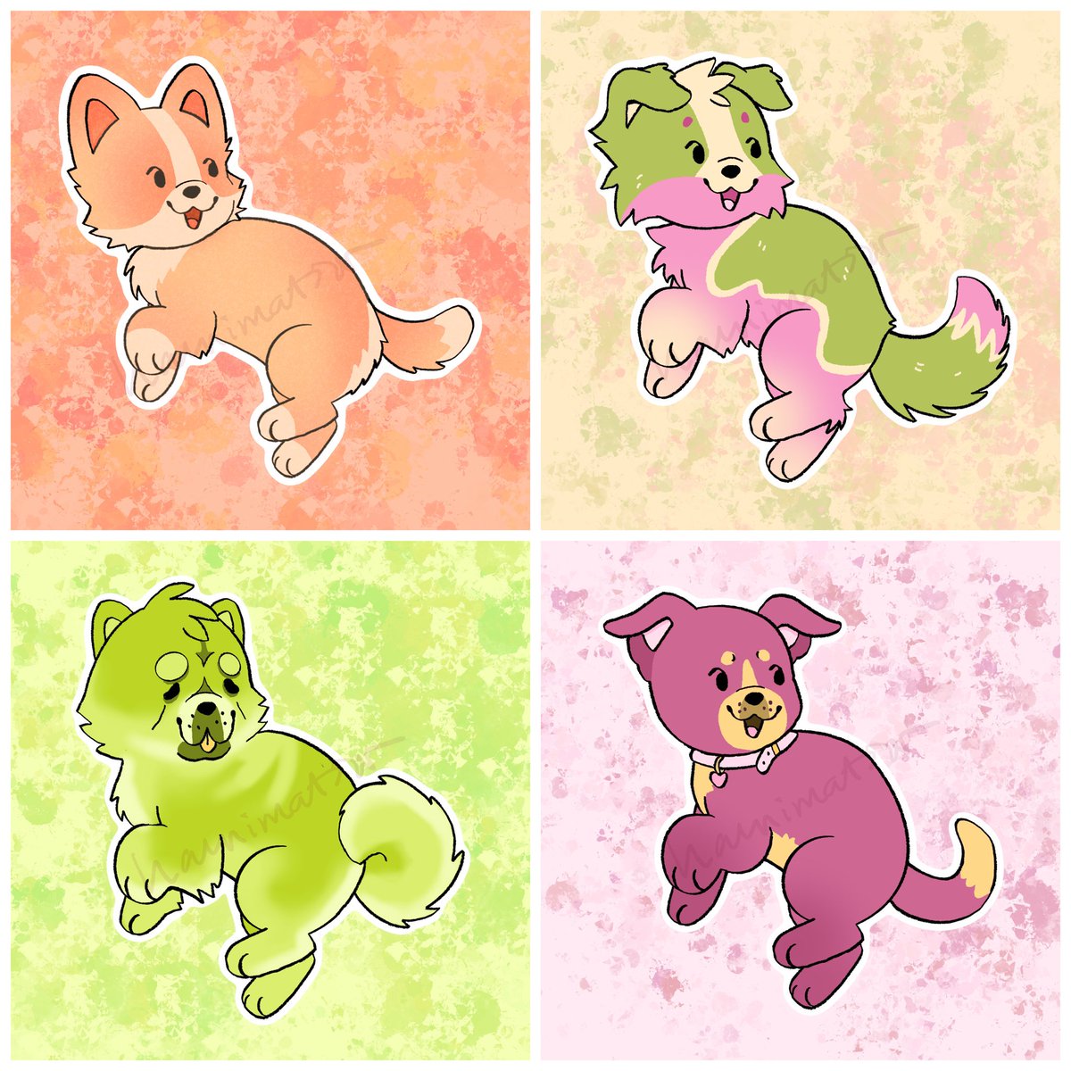 additionally! peach corgi, guava collie, lime chow chow, and passion fruit pittie! gonna put these up on kofi today probably for v cheap!
