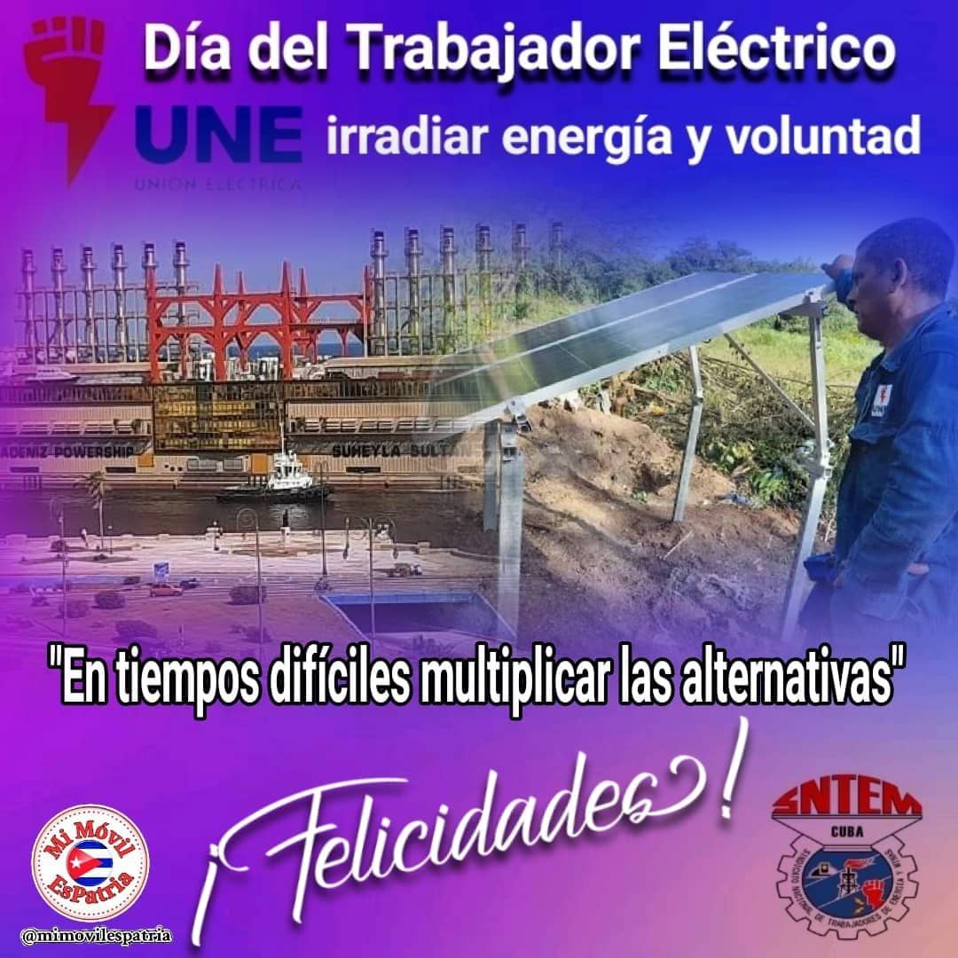 UlisesGuilarte's tweet photo. Desde @CubaCentral expresamos nuestra felicitación a los Trabajadores Eléctricos en su día. Ejército integrado por hombres y mujeres d una alta calificación y compromiso con el pueblo y la #RevolucionCubana🇨🇺. #FielesAlLegado #TrabajadoresProtagonistas @DiazCanelB @SindicatoMinas https://t.co/rHO8yw3YhC