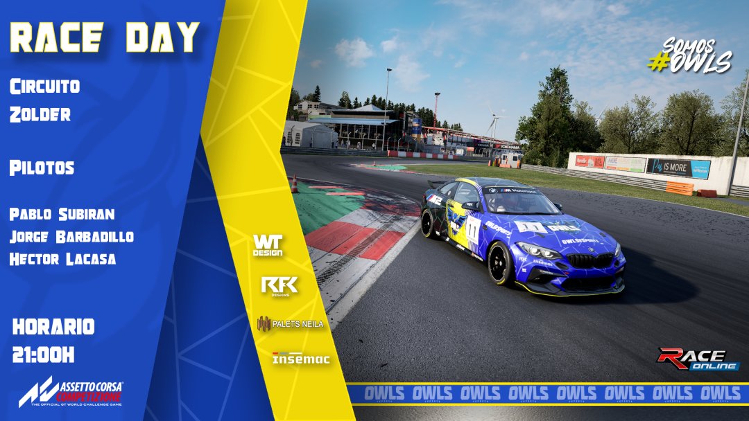 OWLSeSports_'s tweet photo. Domingo de carreras 🏁
Nuestros búhos vuelven a pista con el BMW M2 🔥
Let's Go 🦉🦉🦉
🏆 @inforaceonline
📍 Zolder
👤 @Jorgewnz
👤 @RotaryForce9k
👤 @Heectoor11
⏱️ 21:00h
🟣 https://t.co/upnS5BXzn0
#familia #somosowls #insemac #paletsneila https://t.co/Q6Lusitm9J