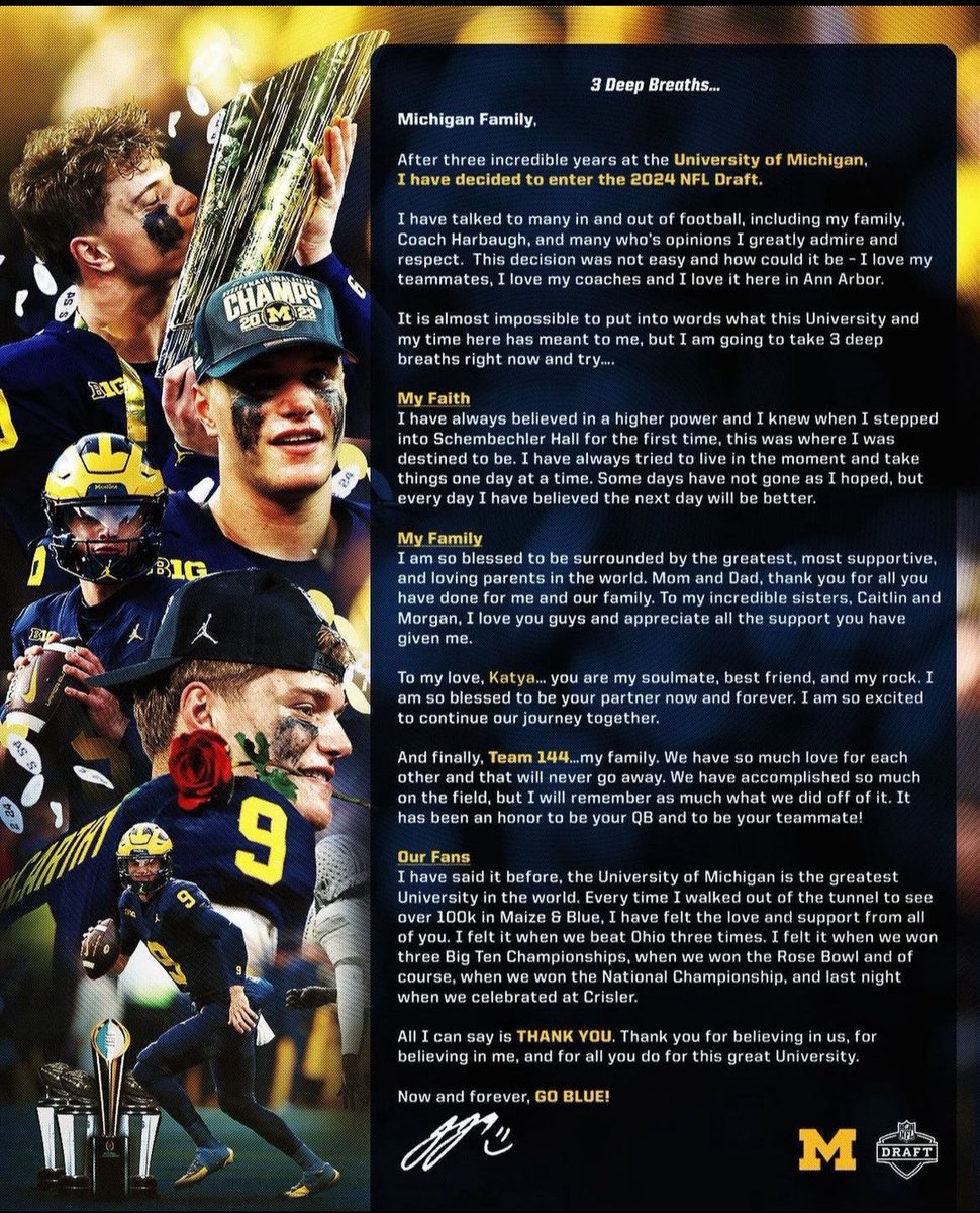 Brlckmuse's tweet photo. ‼️BREAKING‼️ #Michigan QB JJ McCarthy has declared for the #NFL draft. 

He is a projected top 15 pick https://t.co/ufTrj0aTYk