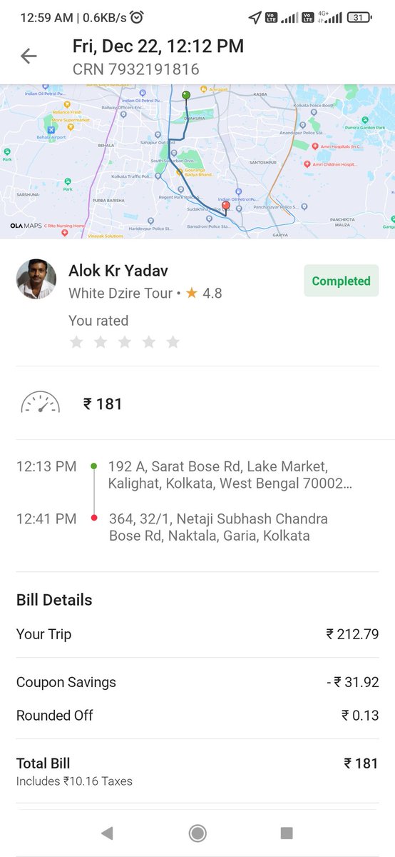 Reekstaba's tweet photo. @ola_supports Correction, Ola Mini driver demanded 60 rupees extra. Intent of my post is to make you aware of the malpractices going on in Kolkata https://t.co/zH1Agm0uDz