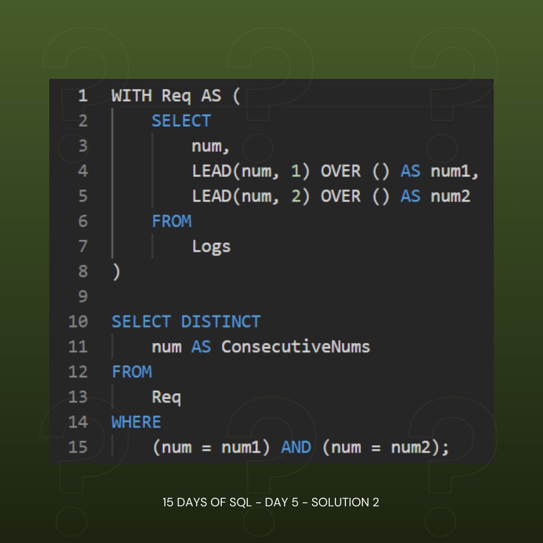 yashraj_csv's tweet image. Today marks Day 5 of the 15-day SQL Challenge.๐ป๐๐#sqlmastery #sqldeveloper #sql #leetcode #day5 #datamanagement #datamagic