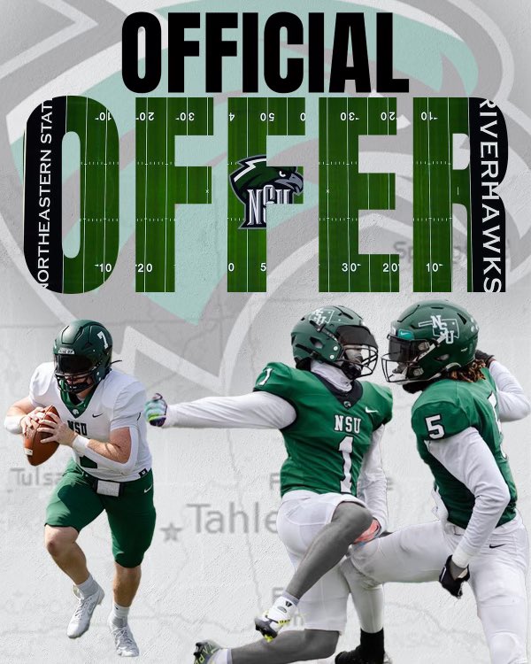 Justice_Turner2's tweet photo. Agtg!! After a great conversation with @CoachChev6 I am blessed to receive my 6th offer to Northeastern state university. Go riverhawks! 💚🖤@RCHSCougarsFB @sports_rchs @BHildebrandRCHS https://t.co/vWxb1FKlyw
