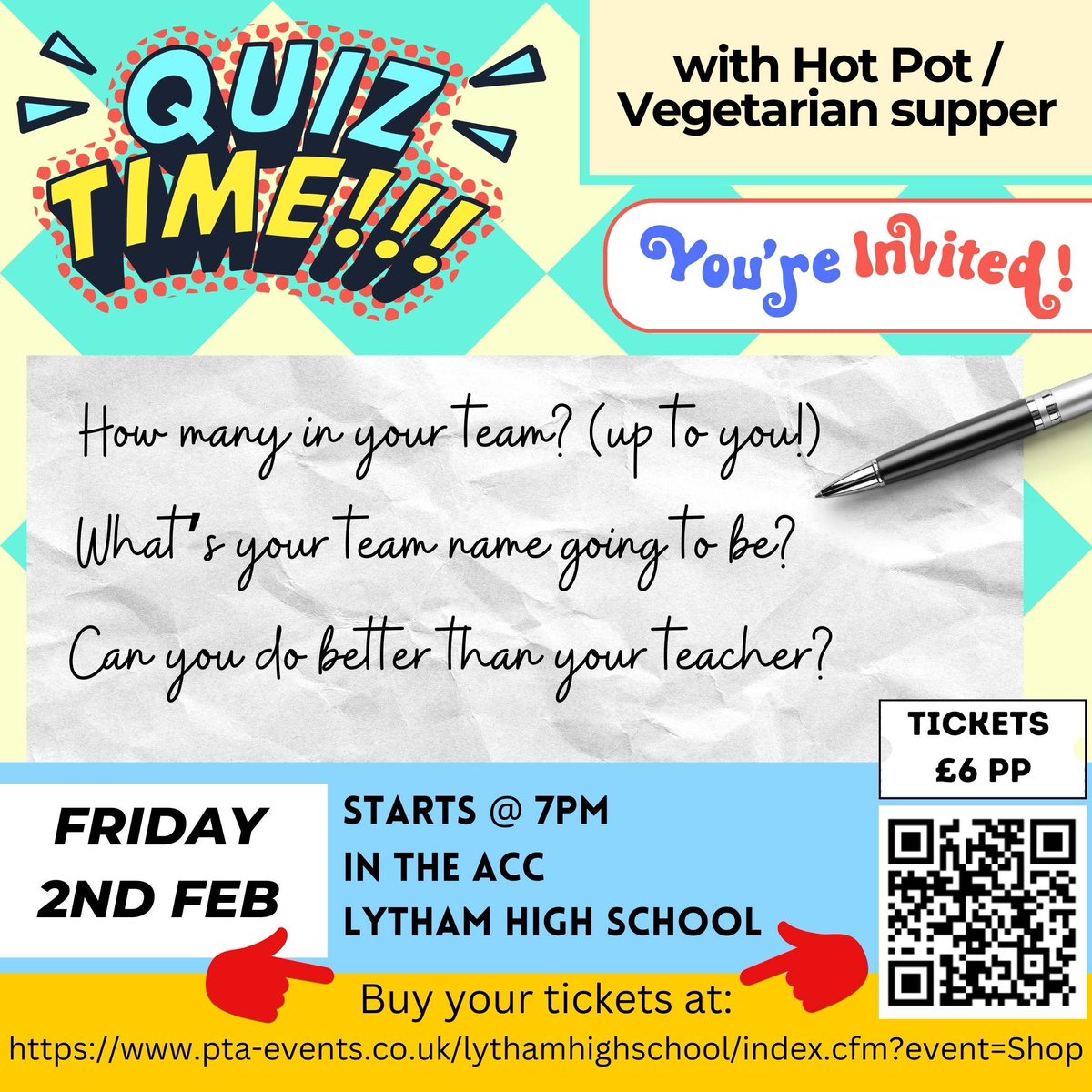 Calling all quiz heads - get yourself a team together and come and join us for our fun quiz night at LSA School on Friday 2 February starting at 7pm.

Get your tickets today via pta-events.co.uk/lythamhighscho… - ink: buff.ly/4aaW089