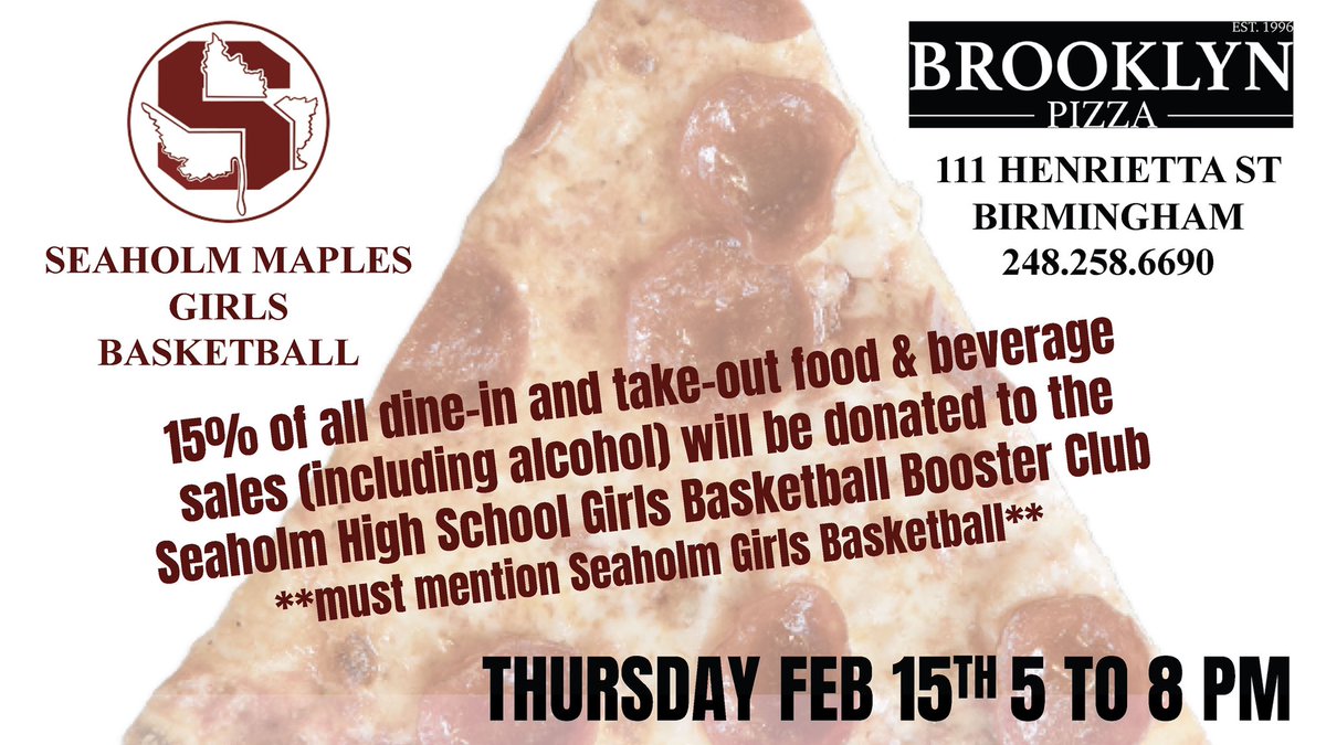 Brian Hartwig (@bhartwig76) on Twitter photo Save the date & spread the word
<a href="/SeaholmGBB/">Seaholm Girls’ Basketball</a> <a href="/maples_hoops/">Maples Basketball</a> <a href="/SeaholmFootball/">Seaholm Maples Football</a> <a href="/MaplesBaseball/">Seaholm Maples Baseball</a> <a href="/SeaholmHSsoccer/">Seaholm_Mens_Soccer</a> <a href="/MaplesSoftball/">Seaholm Maples Softball</a> <a href="/SeaholmWFutbol/">SeaholmWomensFutbol</a> <a href="/seaholmbands/">Seaholm Bands</a> <a href="/Bill_Watson19/">Bill Watson</a>
Seaholm Girls Basketball Fundraiser at Brooklyn Pizza Feb. 15th Save the date & spread the word
<a href="/SeaholmGBB/">Seaholm Girls’ Basketball</a> <a href="/maples_hoops/">Maples Basketball</a> <a href="/SeaholmFootball/">Seaholm Maples Football</a> <a href="/MaplesBaseball/">Seaholm Maples Baseball</a> <a href="/SeaholmHSsoccer/">Seaholm_Mens_Soccer</a> <a href="/MaplesSoftball/">Seaholm Maples Softball</a> <a href="/SeaholmWFutbol/">SeaholmWomensFutbol</a> <a href="/seaholmbands/">Seaholm Bands</a> <a href="/Bill_Watson19/">Bill Watson</a>
Seaholm Girls Basketball Fundraiser at Brooklyn Pizza Feb. 15th