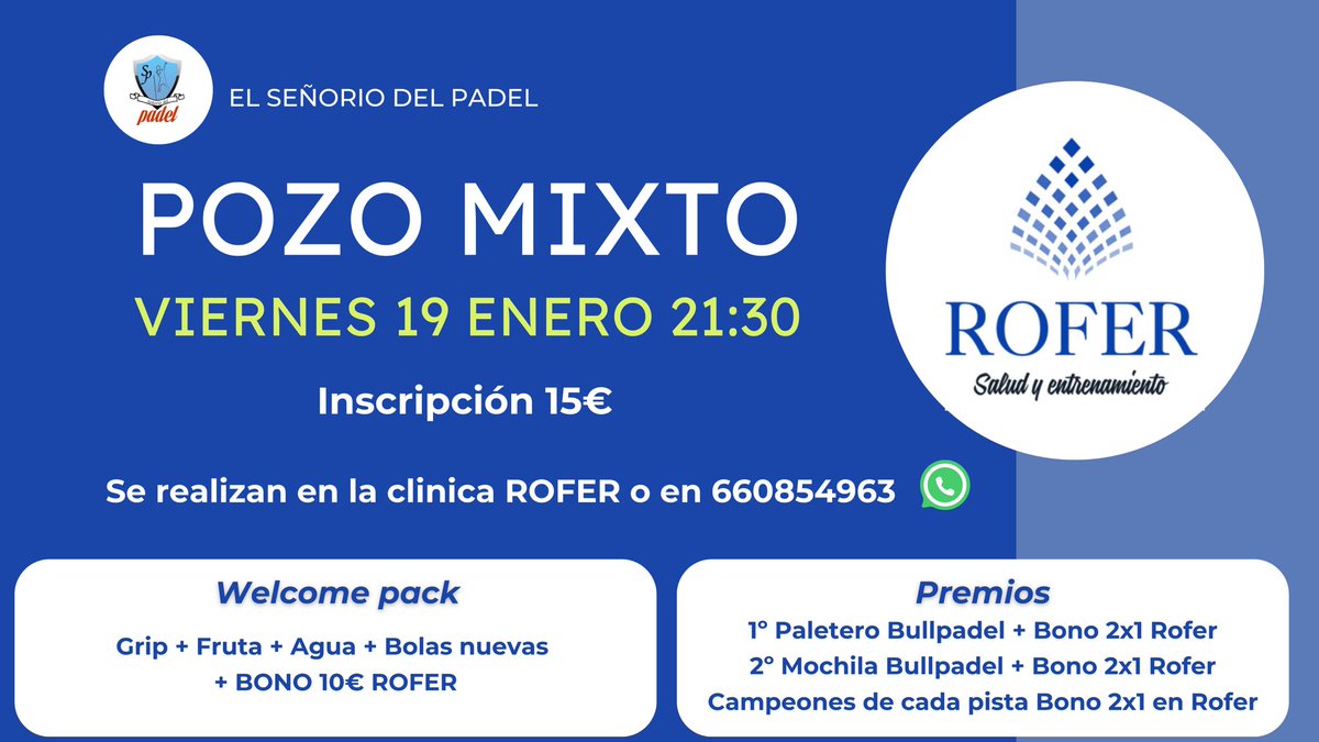 El próximo viernes 19 de enero organizamos un pozo mixto en el club <a href="/senoriodelpadel/">Señorío del Pádel</a> 

Habrá premios para todos y welcome pack especial 🎁

Pasaremos una tarde/noche de padel y diversión juntos. Os esperamos!!! 

Inscripciones por MD o en nuestros contactos.