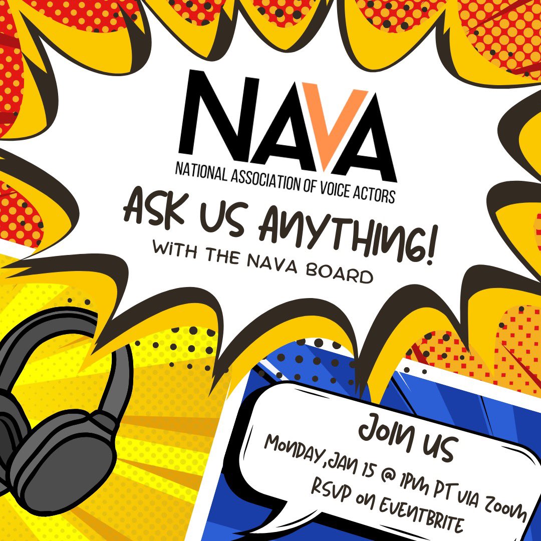 Got questions? Come ask the NAVA Board Members anything! We'll be hopping on a Zoom tomorrow Jan 15th at 1pm PST/4pm EST and we want to hear from you! Bring some burning questions about the VO world or just come hang out and vibe! RSVP on Eventbrite: eventbrite.com/e/ask-us-anyth…