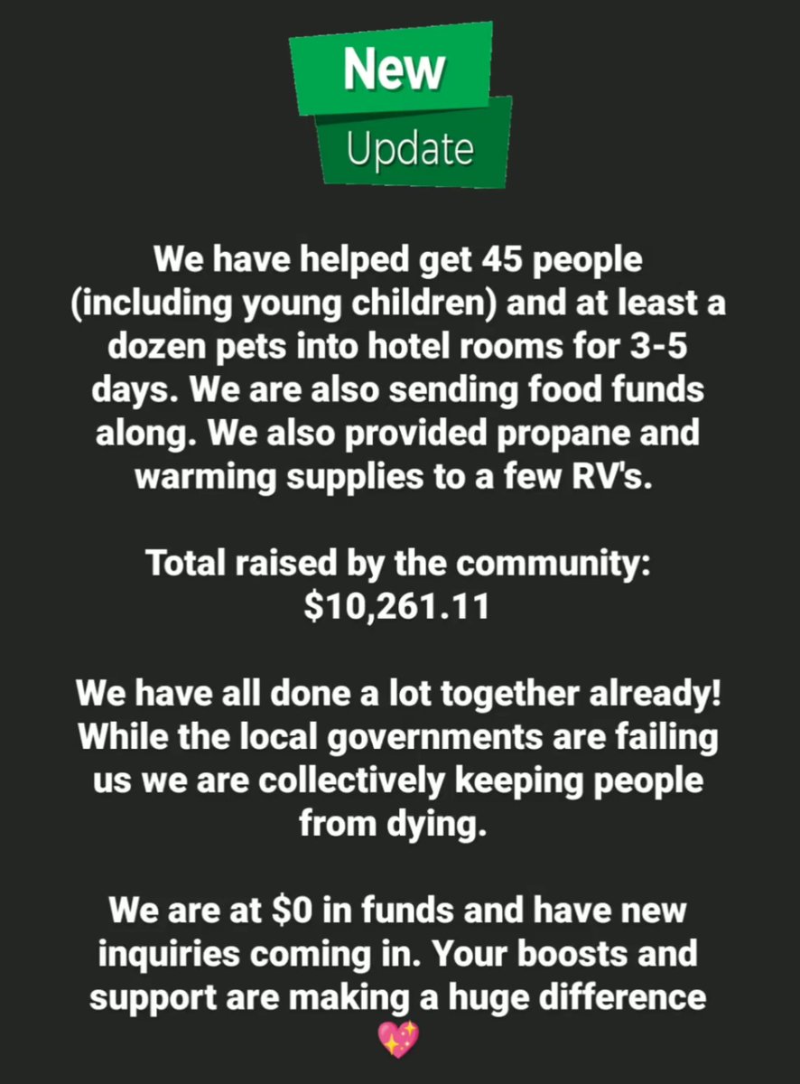New Update: 
We have helped get 45 people (including young children and at least a dozen pets into hotel rooms for 3-5 days. We are also sending food funds along. We also provided propane and warming supplies to a few RV's.
Total raised by the community:
$10,261.11