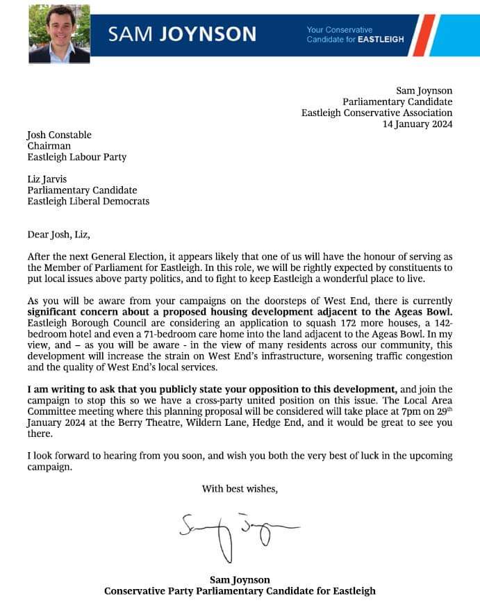 SamuelJoynson's tweet photo. Put together a letter this eve to @JoshConstable_ and @LizJarvisUK about the Ageas Bowl Development. Let's build a cross-party position to stop this! https://t.co/R1mCZeStXR