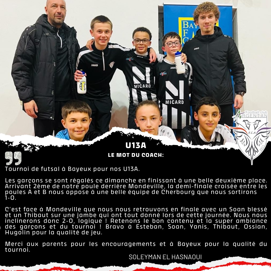 Résultat du dimanche 14 Janvier🌟

Félicitations à nos U13A qui terminent à une très belle 2ème place lors du tournoi de Futsal à Bayeux. 👏🏼💪🏻💪🏽

Un grand merci au club de @bayeuxfc  pour la qualité de son tournoi !! 🏆🖤🤍