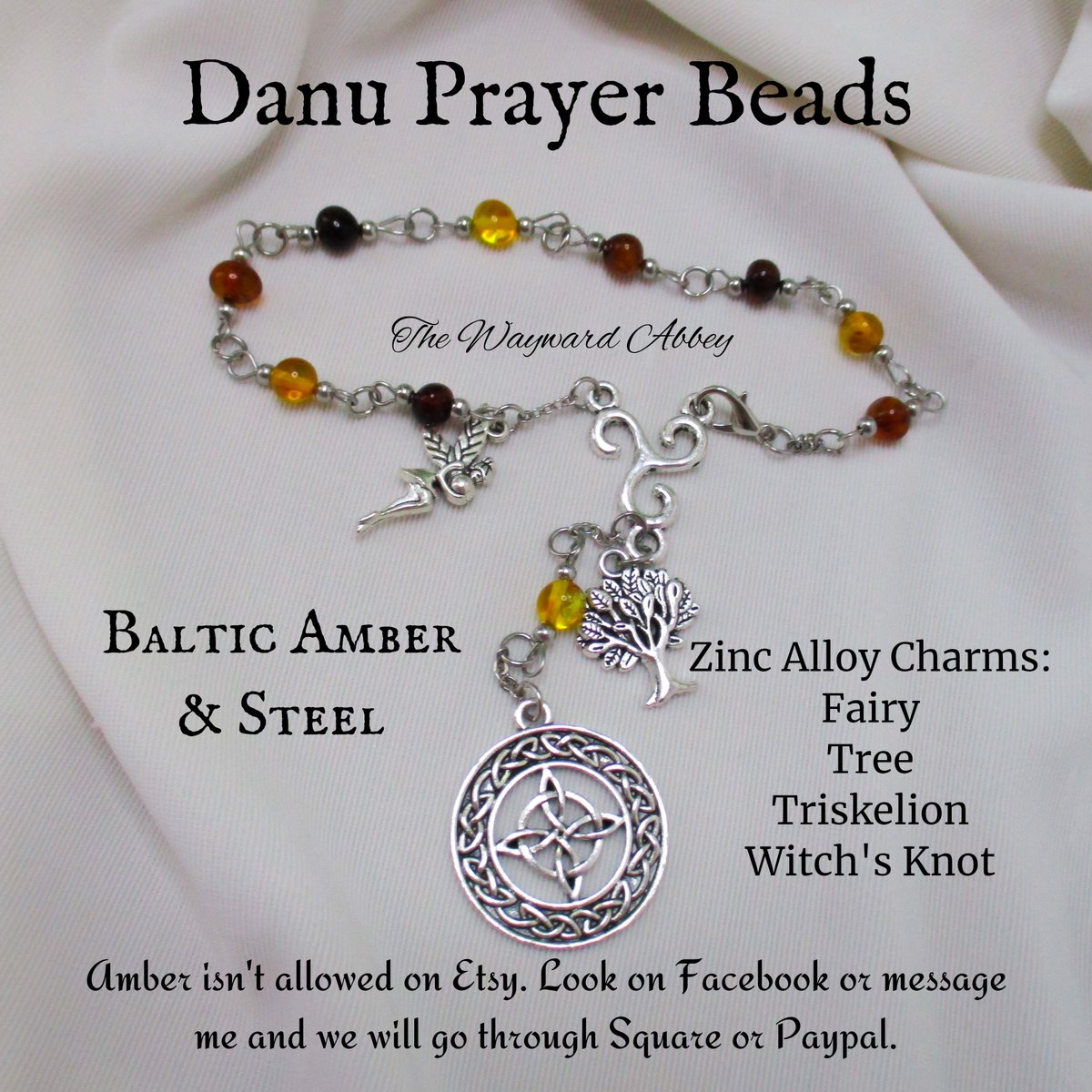 Danu Prayer Beads
Baltic Amber &amp; Steel

Different shades of genuine Baltic amber beads make up this beautiful piece. The zinc alloy charms help to give this item direction and focus.

Only on Square!

square.link/u/tYqaiET4

~Blessings~Courtney