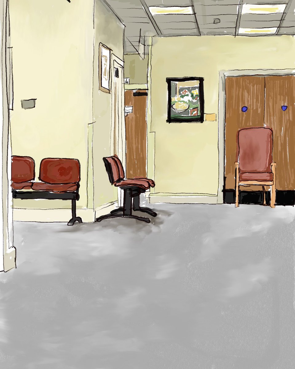 A waiting place. Iv sat in these so many times but thought revently how much happens in these rooms. We await good news and bad, we feel nervous and sad all knowing one space. #sketch #digitalsketch #waitingroom #medicial #doctorswaitingroom #artist #illustration #drawing