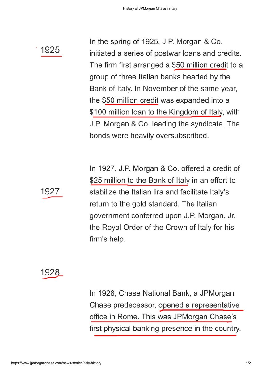Wikileaks_Ita's tweet photo. Wall Street #JPMorgan🇺🇸 ha finanziato l'#Italia 🇮🇹 fascista di #Mussolini nel 1925, 1927 e 1928 per una cifra totale di 225 milioni $ !!
Nel 1928 a Roma la prima presenza fisica di JPMorgan Chase nel paese. https://t.co/nEqbDVkDTs
