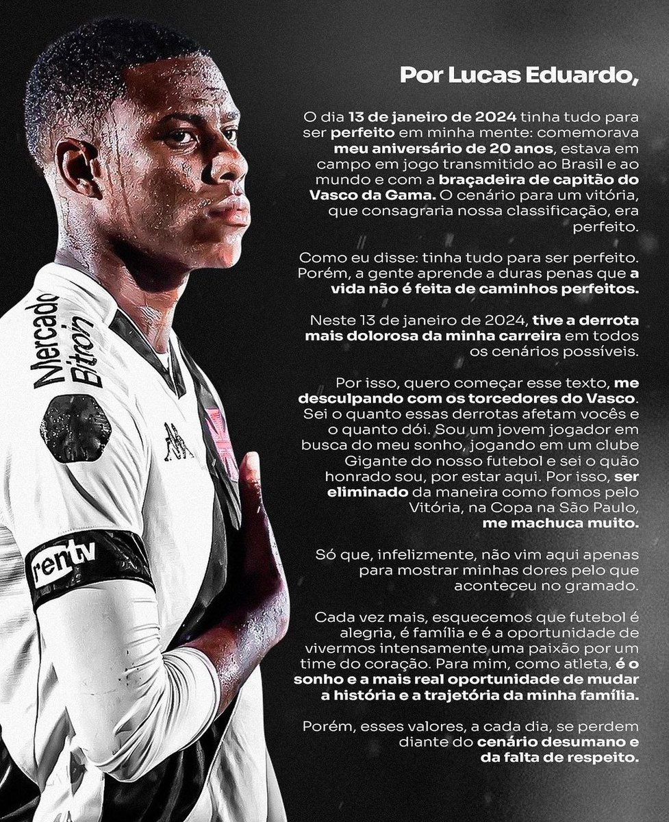 newscolina's tweet photo. O volante Lucas Eduardo, capitão do Vasco na Copinha, se pronunciou no Instagram após ser atingido por um copinho d'água na saída do último jogo contra o Vitória-BA.

O atleta revelou também ter ouvido gritos de "macaco" na ocasião.

VERGONHA! Força, Lucas! 🤬👊 https://t.co/7eH8sL2nhX