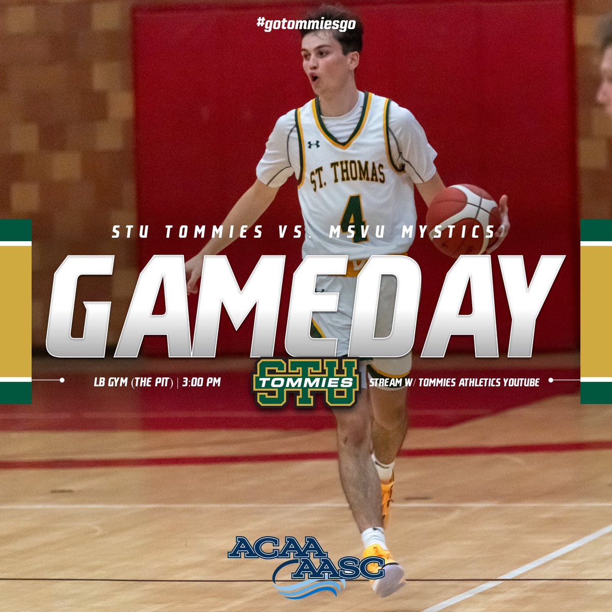 STUMENSBBALL's tweet photo. The Tommies take on the @MountMystics at the PIT looking to move into first place in the @ACAA_AASC! Tip-off is set for 3:00 PM!

Stream the game with the link in our bio or on Tommies Athletics YouTube.

#gotommiesgo - @TommiesSTU - @CCAAsportsACSC https://t.co/fNEQEyZjaq