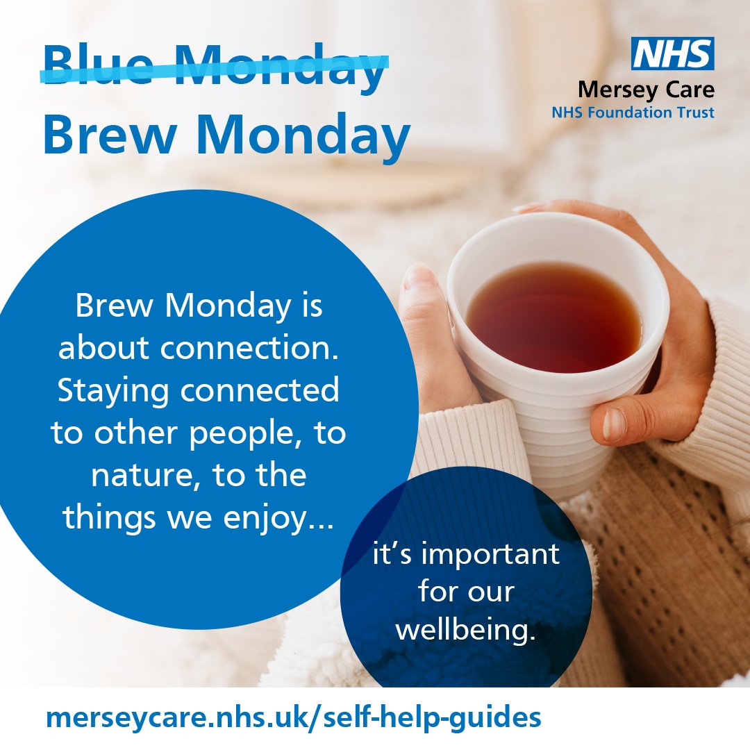Mersey_Care's tweet photo. Tomorrow, get together with friends , family or workmates for a cuppa and a catch up and change #BlueMonday into #BrewMonday 💙☕

Pop the kettle on, and reach out to a loved one for a chat ☕

If you are struggling, check out our #SelfHelp guides ⬇

https://t.co/o8XYceJjIt https://t.co/t5VhtkbMBC