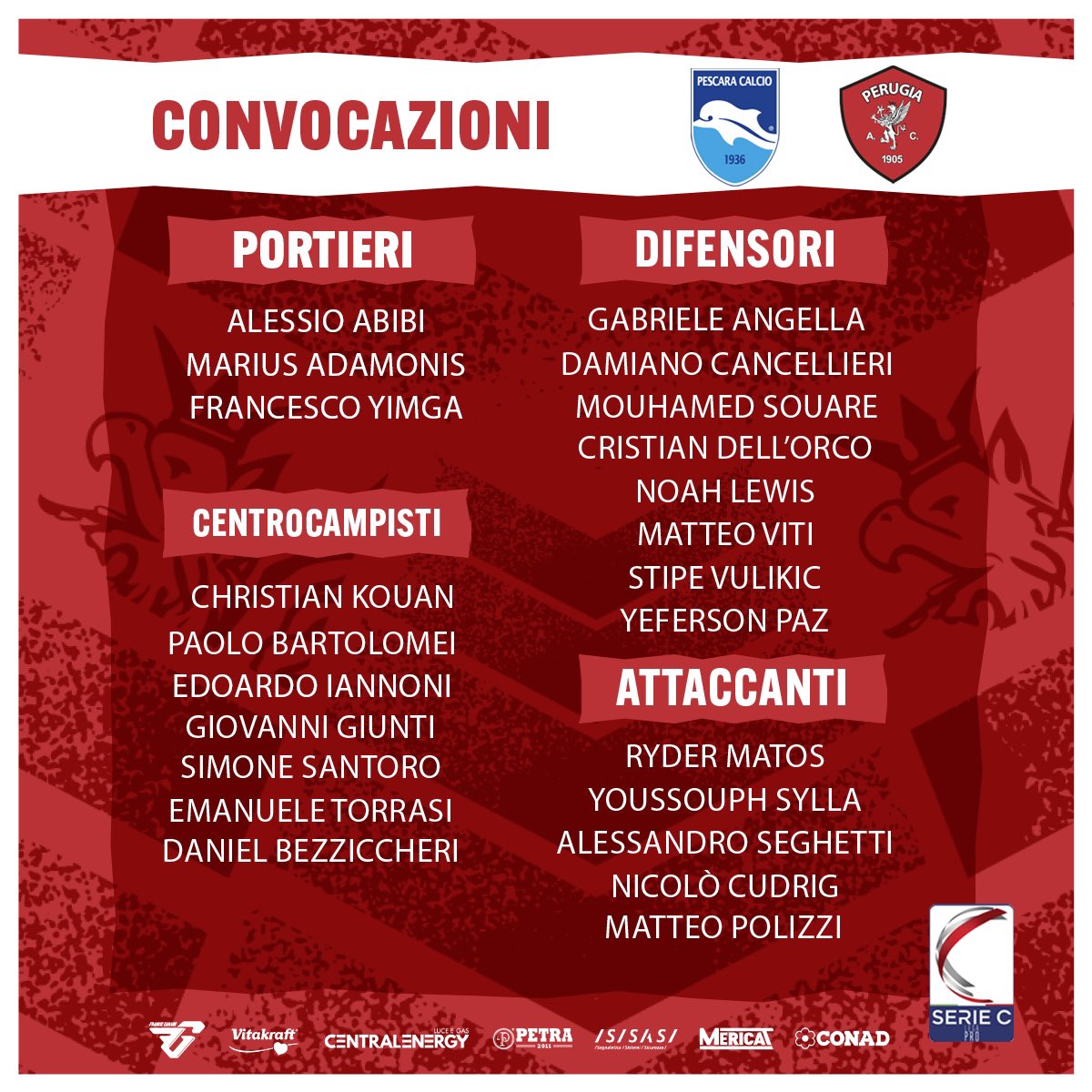 ACPerugiaCalcio's tweet photo. 📋|  2⃣3⃣ CONVOCATI

#PescaraPerugia #forzagrifo @LegaProOfficial #SerieCNOW #PESPER https://t.co/Jg0QkEa34E