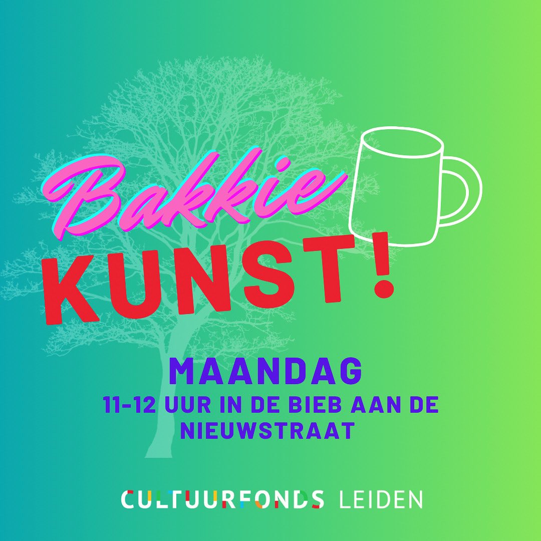 Komende maandag is er weer Bakkie Kunst in de bieb in de Nieuwstraat. Tussen 11-12 kun je langs komen om door te bomen met de cultuurmakelaar over all things art. Zien we je daar?☕️