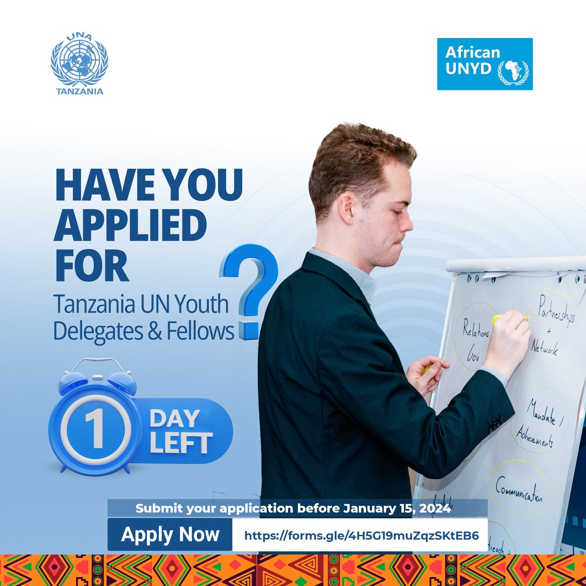 You still have 1 day left to the deadline of the most life changing opportunity for young people who are passionate about shaping the present and future of Tanzanian youth.

Apply here👉: forms.gle/4H5G19muZqzSKt…

#AUNYDTz 
#AUNYD2024