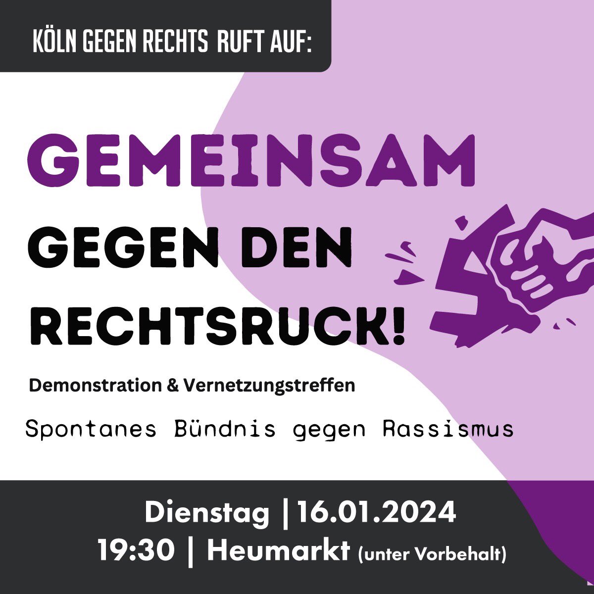 Entnazifizierung jetzt! Geschlossen gegen rassistische Politik. Dienstag, 16. Januar 2024, 19:30 Uhr, Köln, Heumarkt (Ort unter Vorbehalt) Weitere Infos unter koelngegenrechts.org/2024/01/entnaz…