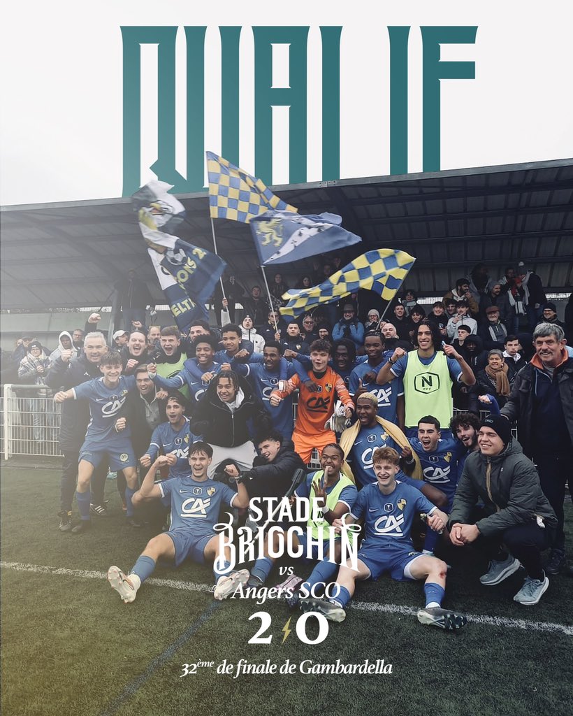 StadeBriochin's tweet photo. 𝑮𝒂𝒎𝒃𝒂𝒓𝒅𝒆𝒍𝒍𝒂 🏆

C’est terminé ! Les #TyGriffons s’imposent face à @AngersSCO 2 buts à 0 et filent en 16ème de finale de la Coupe @GambardellaFFF !

Les buteurs Griffons : Quentin Louedec et Amine Tarfaoui !

Bien joué les jeunes ! 💪🏻🔵🟡

#golestade https://t.co/gRxRYr4lKd