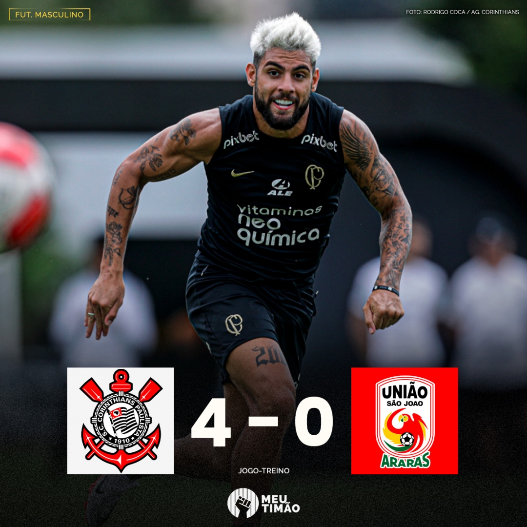 MeuTimao's tweet photo. Corinthians vence União São João em jogo-treino por 4 a 0.

⚽ Gol contra
⚽ Lucas Veríssimo
⚽ Yuri Alberto
⚽  Matías Rojas

🔴 Apoio: @KTO_brasil https://t.co/t5n2y1fFYb