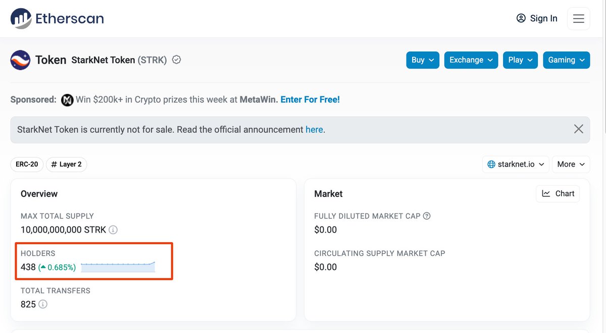 [NEW UPDATE]

1 hour ago, <a href="/Starknet/">Starknet (Privacy arc) 🥷</a> began testing the bridge for the $STRK token from Ethereum to Starknet✨🌉 
🔗etherscan.io/token/0xCa1400…

👀 The holder count increased by 438
